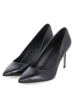 Décolleté neri in pelle con design a punta, forma elegante e sottile tacco a stiletto. Texture liscia e senza accessori hardware visibili.