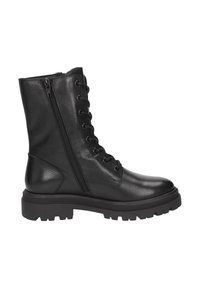 Stivaletto nero in pelle con punta rotonda, lacci frontali, zip laterale, finitura testurizzata e suola in gomma spessa.