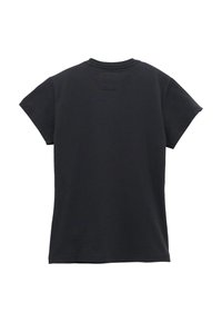 Schwarzes kurzärmeliges T-Shirt, Rückansicht, mit Rundhalsausschnitt und einfarbigem Stoff ohne sichtbare Logos oder Designs.