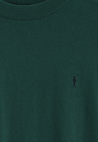 Grüner Strickpullover mit einem gerippten Rundhalsausschnitt und einem kleinen, dunklen Icon einer Figur, die eine Flagge hält, auf der Vorderseite.