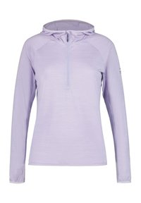 Ljuslila långärmad pullover hoodie med kvartdragkedja, tillverkad av ett strukturerat tyg. Har raglanärmar och en justerbar huva.