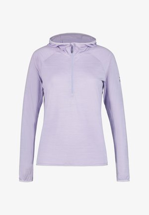Ljuslila långärmad pullover hoodie med kvartdragkedja, tillverkad av ett strukturerat tyg. Har raglanärmar och en justerbar huva.