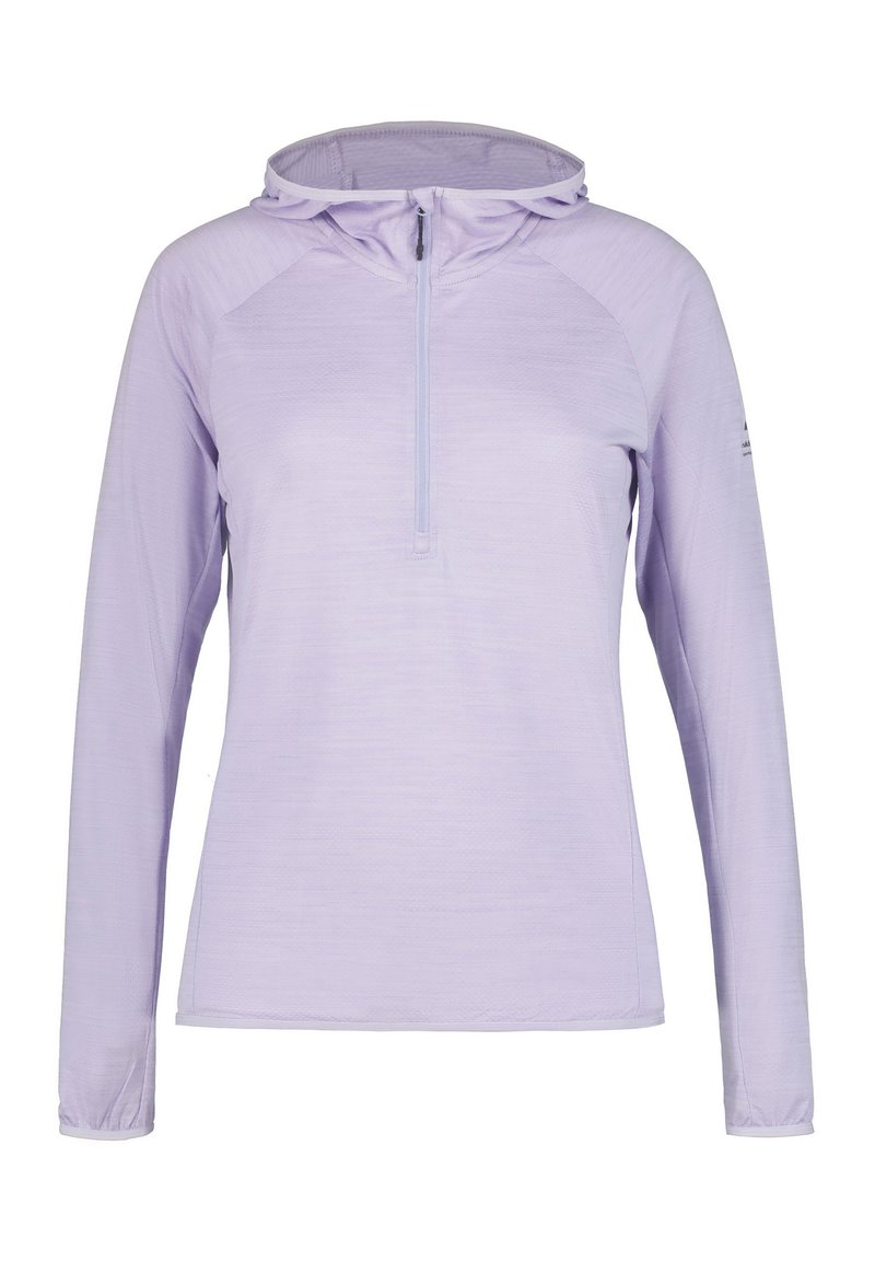 Ljuslila långärmad pullover hoodie med kvartdragkedja, tillverkad av ett strukturerat tyg. Har raglanärmar och en justerbar huva.