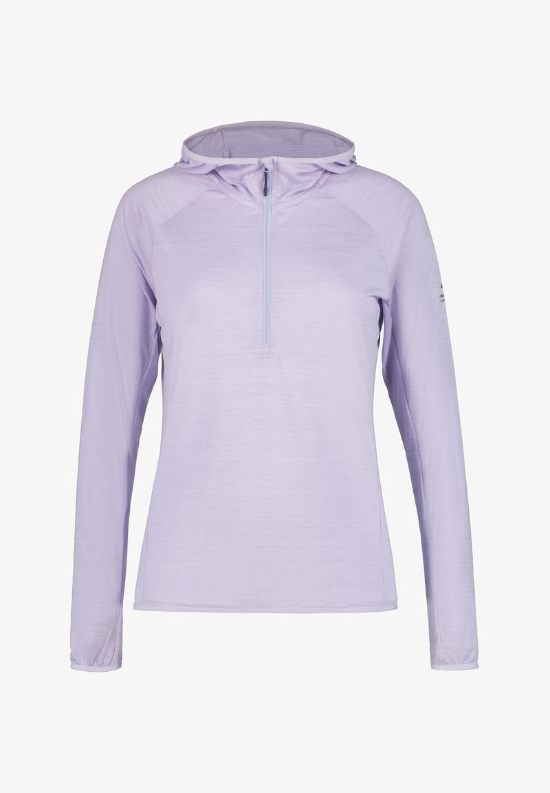 Light purple long-sleeve pullover hoodie with a quarter zip, made of textured fabric. Features raglan sleeves and a drawstring hood.