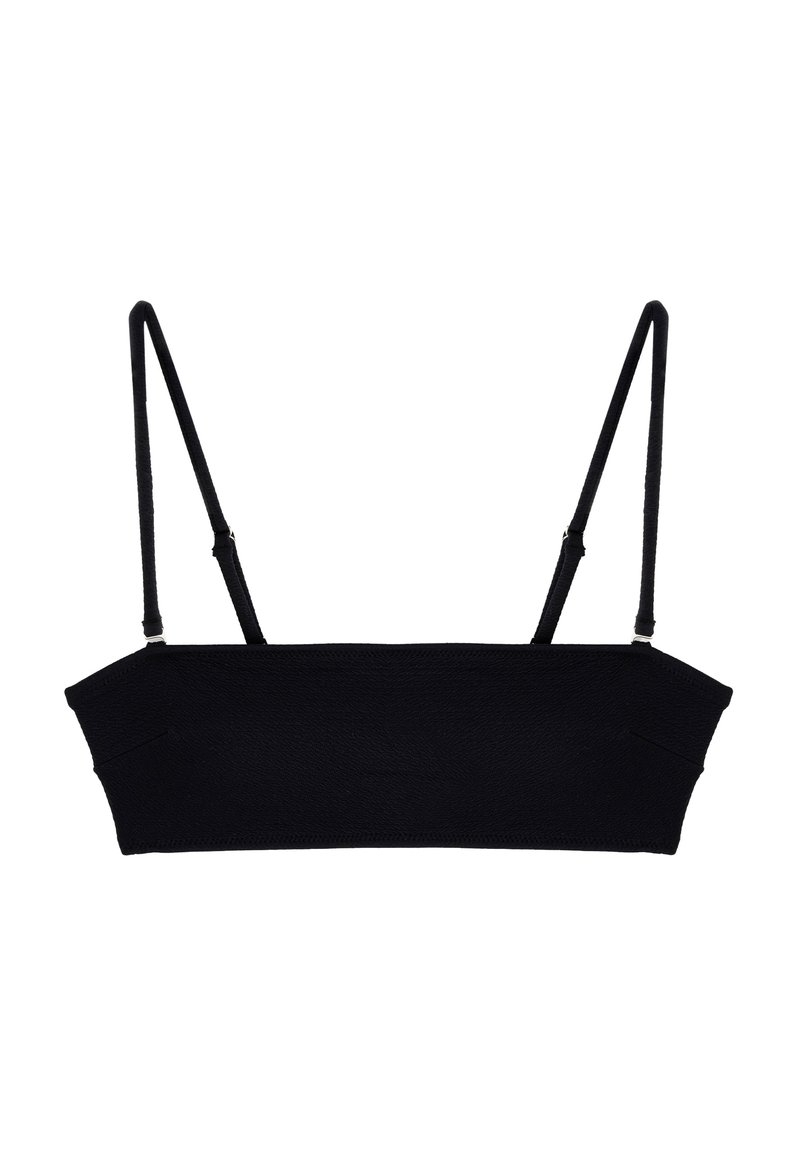 Zwarte bralette met dunne, verstelbare bandjes, een textuur stof en een rechthoekige vorm. Geen padding, ontworpen voor een eenvoudige pasvorm.