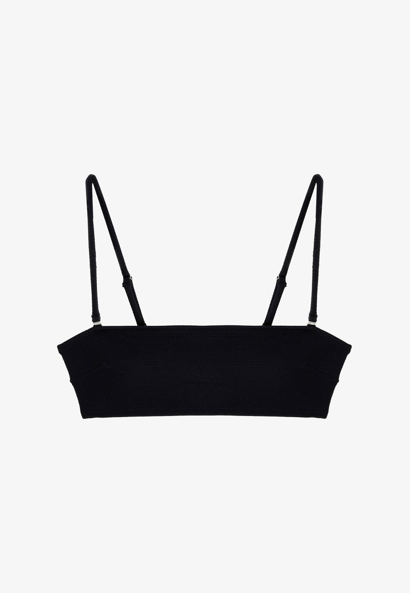 Bralette nera con sottili bretelle regolabili, tessuto texturizzato e forma rettangolare. Senza imbottitura, progettato per una vestibilità semplice.