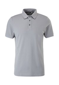 Polo shirt gris clair à manches courtes avec patte de boutonnage à trois boutons et col classique, fabriqué en tissu organique, présenté sur fond blanc.