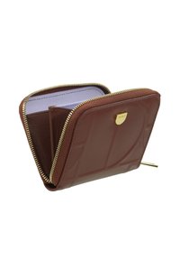 Brown leather wallet with a textured surface, gold zipper, and a cream interior. Features a small metal logo accent on the front.