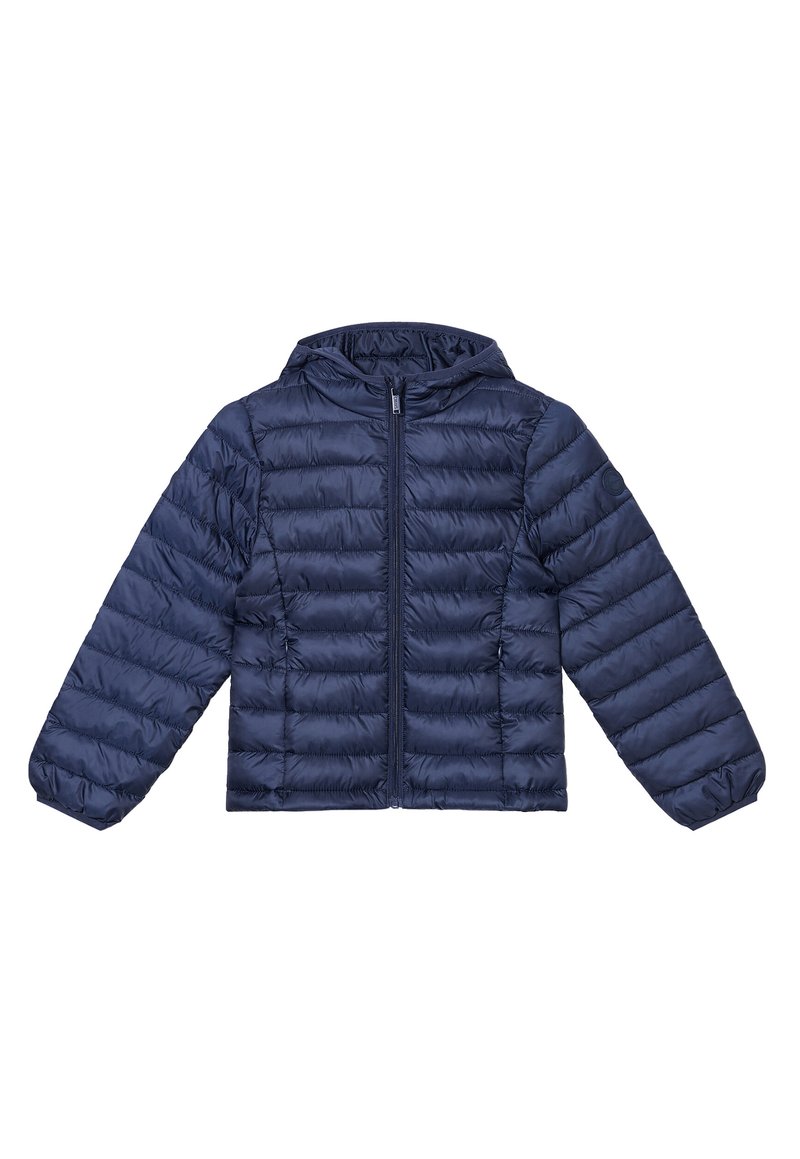 Giubbotto puffer blu navy con cappuccio, chiusura con zip e design trapuntato con cuciture orizzontali. Tessuto liscio e lucido con polsini elasticizzati.