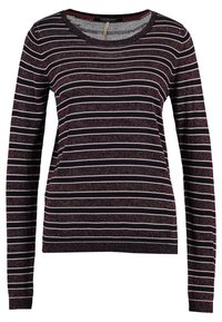 Sweter w paski z długim rękawem w ciemnym granacie z metalicznymi różowymi paskami, z okrągłym dekoltem i miękką, teksturowaną tkaniną.