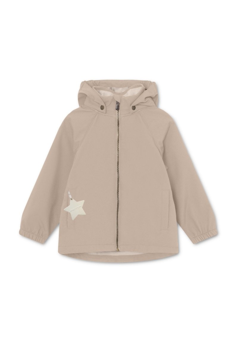 Giacca cappuccio beige chiaro con zip frontale, tasche laterali, polsini elastici e un'etichetta in tessuto a forma di stella sul lato sinistro.