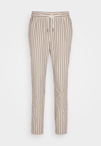 Pantaloni leggeri beige con righe verticali scure, vita elastica, cordoncino regolabile e design a gamba affusolata.
