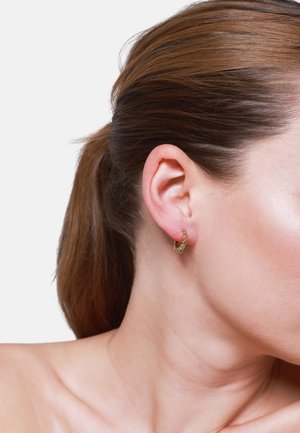 Boucles d'oreilles en or en forme de créoles avec un design en chaîne reliée, présentant une finition polie et de petits accents décoratifs, portées sur un lobe d'oreille nu.