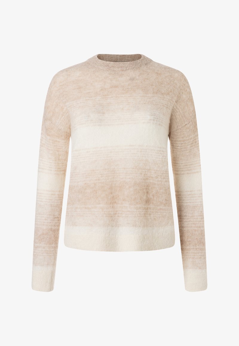 Beige en wit gebreide trui met lange mouwen, horizontale pluizige strepen en geribbelde manchetten en zoom.