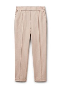 Lichtroze, gestreepte broek met elastische tailleband en zijzakken. Tapered leg ontwerp, gemaakt van zachte stof met een gladde textuur.