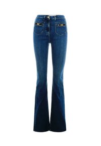 Jeans in denim a zampa d'elefante di colore blu scuro con un classico design a cinque tasche, dotati di accessori in tono dorato e vita aderente.