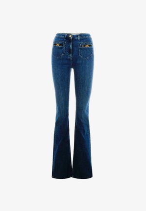 Jeans in denim a zampa d'elefante di colore blu scuro con un classico design a cinque tasche, dotati di accessori in tono dorato e vita aderente.