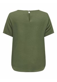 Haut vert à manches courtes avec un col rond et une ouverture en forme de clé à l'arrière, fabriqué dans un tissu lisse et texturé avec une coupe décontractée.