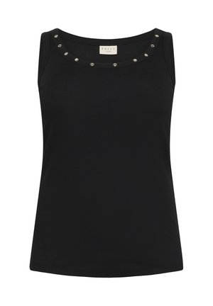 Sort ærmeløs tanktop lavet af ribbet stof, med sølvnitter rundt om halsudskæringen og en lige kant.