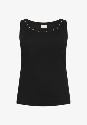 Sort ærmeløs tanktop lavet af ribbet stof, med sølvnitter rundt om halsudskæringen og en lige kant.