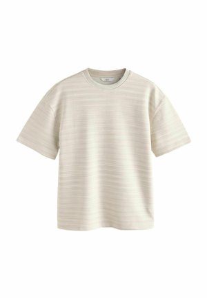 Beige horizontal striped short-sleeve T-shirt with crew neck, relaxed fit, and soft textured fabric.