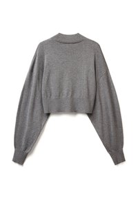 Szary krótki sweter z wysokim ściągaczem, oversize'owymi rękawami i ściągaczami, wykonany z miękkiego dzianiny.