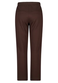 Bruine, middelhoog getailleerde broeken met een elastische tailleband, rechte pijpen, twee achterzakken en een zachte stoftextuur.