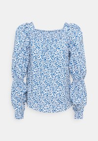 Bluse med blomsterprint, firkantet halsudskæring, puffede lange ærmer og elastisk kant. Har et blåt og hvidt blomsterpattern på letvævet stof.