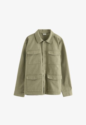 Olivengrøn afslappet jakke med krave, lange ærmer og fire forlommer med klap, lavet af et robust stof.