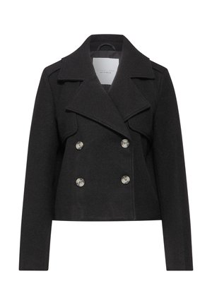 Sort cropped peacoat lavet af en uldblanding, med et dobbeltknap design, brede klapper og metalliske knapper. Glat tekstur.