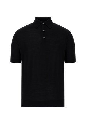 Fekete, rövid ujjú poloing sima anyagból, klasszikus gallérral, három gombbal és bordázott aljúval. Nincsenek látható minták vagy díszítések.