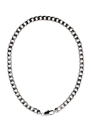 Ezüst tónusú vastag lánc nyaklánc összekapcsolt, lapos láncszemekkel és karomkapcsos záródással.