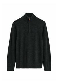 Donkergrijze lange mouwen gebreide trui met een half-zip kraag en subtiele logo op de linkerborst.