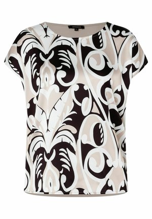 Kurzärmelige Bluse mit beigem Hintergrund und großem schwarz-weißem abstraktem Blumenmuster, rundem Ausschnitt und lockerem Schnitt.