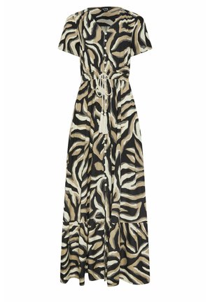 Maxi dress with short sleeves, zebra print in black, beige, and white, front button closure, and braided tie belt with tassels at the waist.