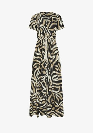 Sukienka maxi z krótkimi rękawami, w zebrę w kolorach czarnym, beżowym i białym, zapinana z przodu na guziki, z plecionym paskiem z chwostami w talii.