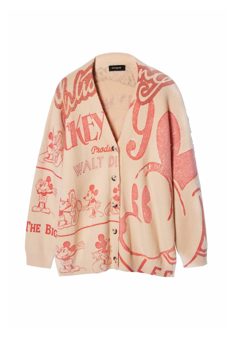 Cardigan beige boutonné avec des illustrations rouges vintage de Mickey Mouse et du texte, incluant « Walt Disney » et un grand visage de Mickey sur le côté droit.