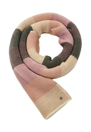 Écharpe douce tricotée avec de larges blocs de couleurs rose, beige, marron et crème, roulée en spirale sur fond blanc.