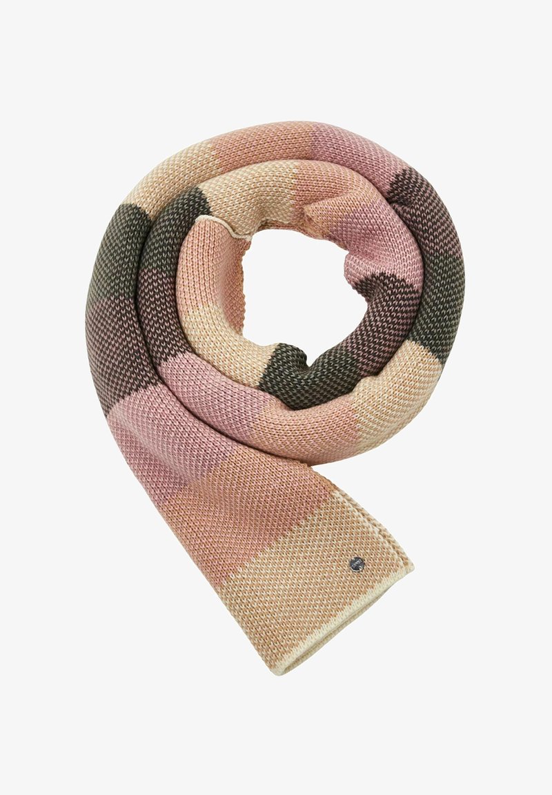 Écharpe douce tricotée avec de larges blocs de couleurs rose, beige, marron et crème, roulée en spirale sur fond blanc.