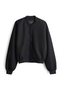 Veste bomber noire à boutons, avec col, poignets et taille côtelés, présentée sur fond blanc.