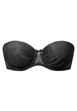 Zwarte strapless beha met kant overlay, voorgevormde cups en een strikdetail in het midden met een decoratieve steen. Gladde textuur met een gestructureerde vorm.