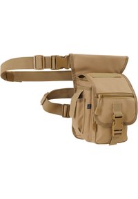 Sac messager en nylon marron avec sangle ajustable, plusieurs poches zippées et à rabat, boucles durables et finition texturée pour une meilleure prise.