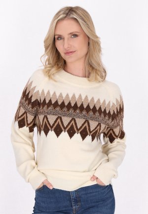 Pulover tricotat de culoare crem, cu un model geometric de nuanțe de maro și bej pe piept, având un decolteu larg și manșete ribbate.