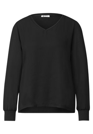 T-shirt noir à manches longues col en V avec poignets côtelés et ourlet légèrement arrondi, présenté sur un fond blanc uni.