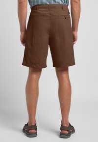 Bruine shorts van lichtgewicht stof, met een rechte snit, elastische tailleband en een achterzak met een knoop. Gelaagd oppervlakte.