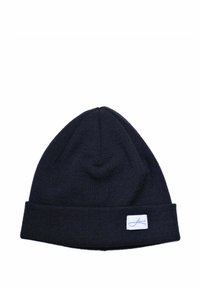 Navy knit beanie with a folded cuff and a small white label featuring a blue signature. Soft texture and close-fitting design.