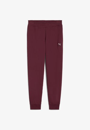 Bordowe spodnie sportowe z elastycznym pasem, ściągaczami na nogawkach i małym białym logo na lewym udzie. Wykonane z miękkiego, elastycznego materiału.