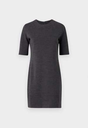 Kurzärmeliges, dunkelgraues Kleid mit rundem Ausschnitt, das eine subtile Textur und einen Reißverschluss auf der Rückseite aufweist. Einfaches, figurbetontes Design.