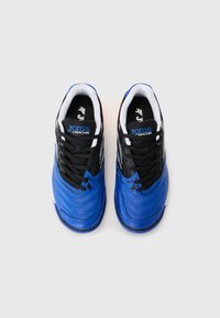 Blue and black athletic shoes with a textured leather upper, featuring a lace-up design, padded collar, and white accents.