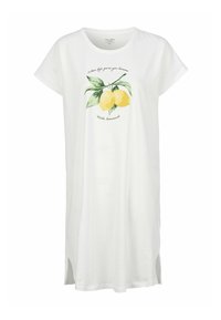 Vit bomullst-shirtklänning med korta ärmar, med en citron grafik och texten "När livet ger dig citroner, gör lemonad." Sidslitsar.